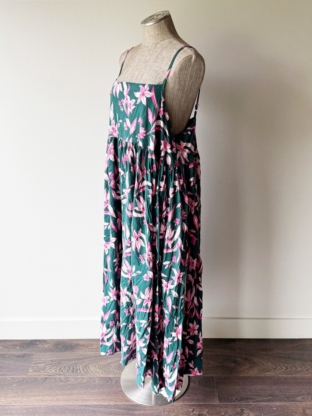 Petite Plume Pima Serene Lounge Dress, Green and Pink Floral Nightgown - Picture 7 of 12